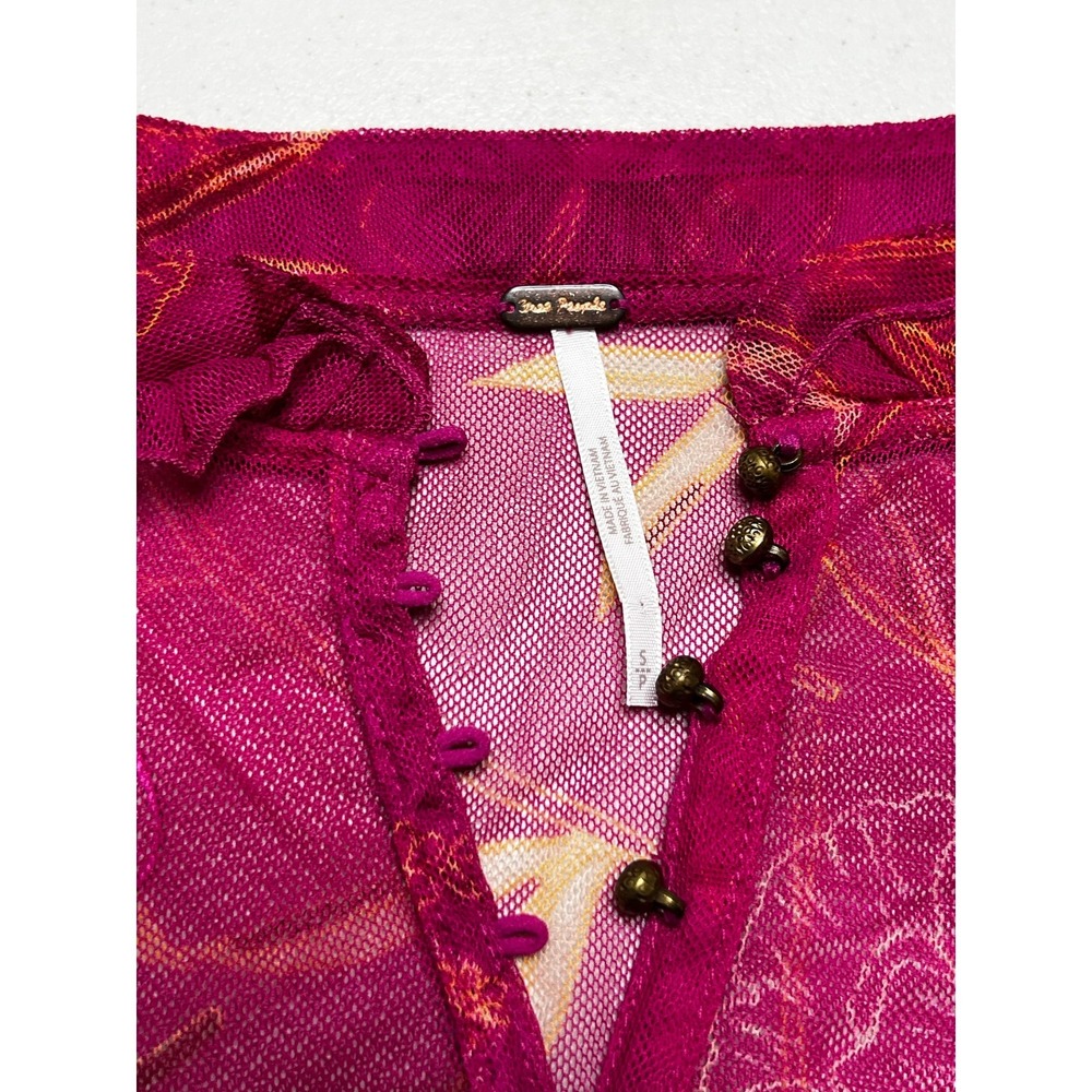 Free People‎ Blouse Womens Small Magenta Floral Sheer Mesh Smocked Ruffle Top - Picture 4 of 12